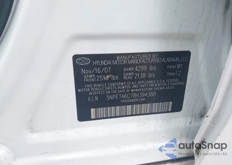 2008 Hyundai Sonata Gls from USA, damaged, VIN 5NPET46C78H394388